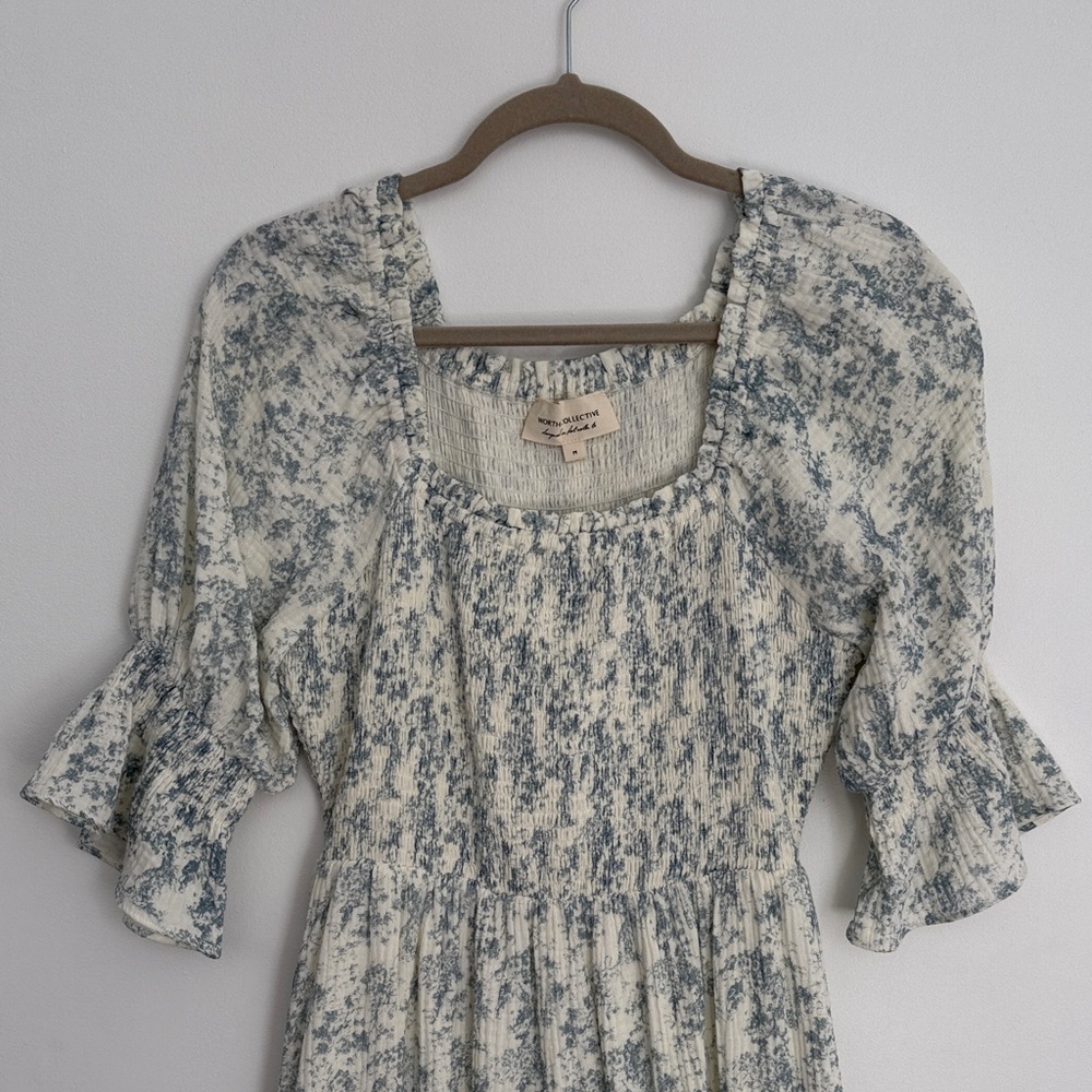 Worth Collective Cream and Blue Floral Smocked Midi Dress